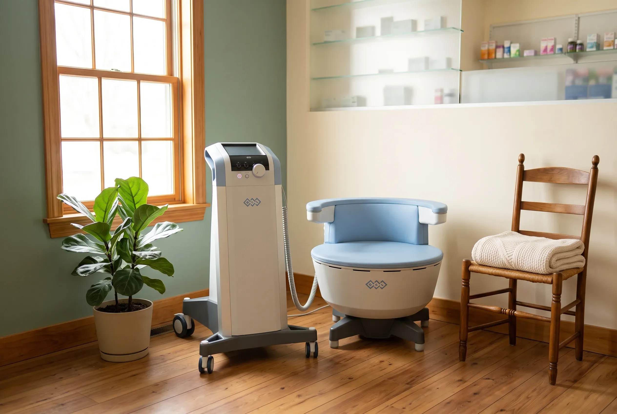 Fauteuil Emsella dans un coin consultation chaleureux d'une pharmacie de Laval
